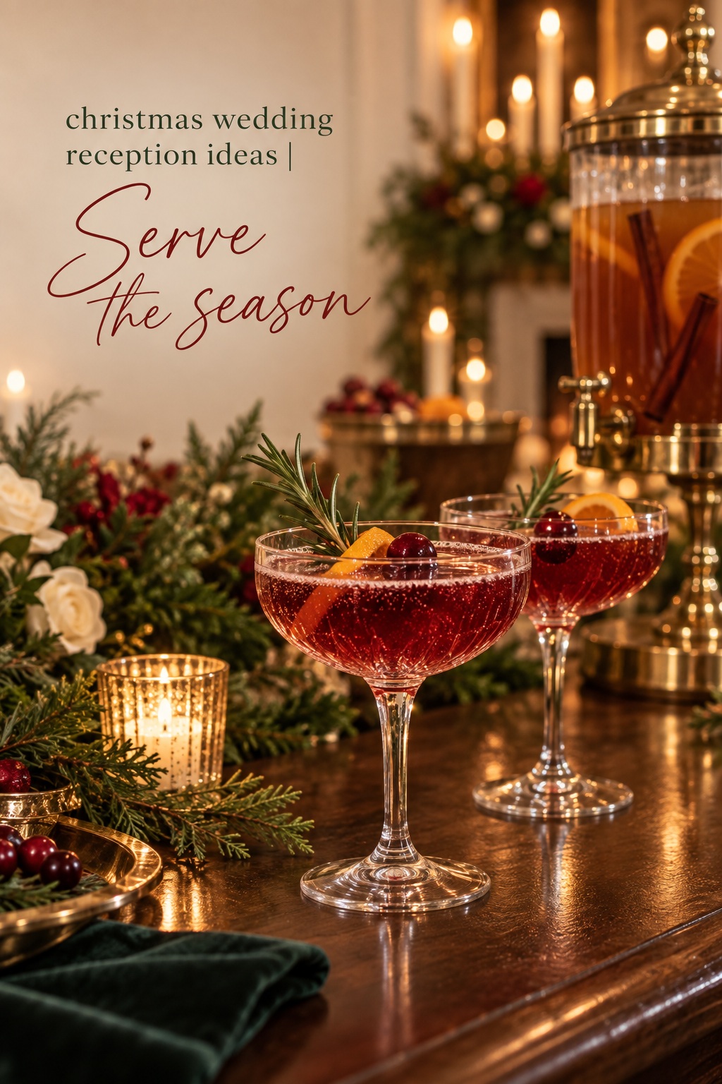 christmas wedding reception ideas with cranberry sparkling cocktails and rosemary
