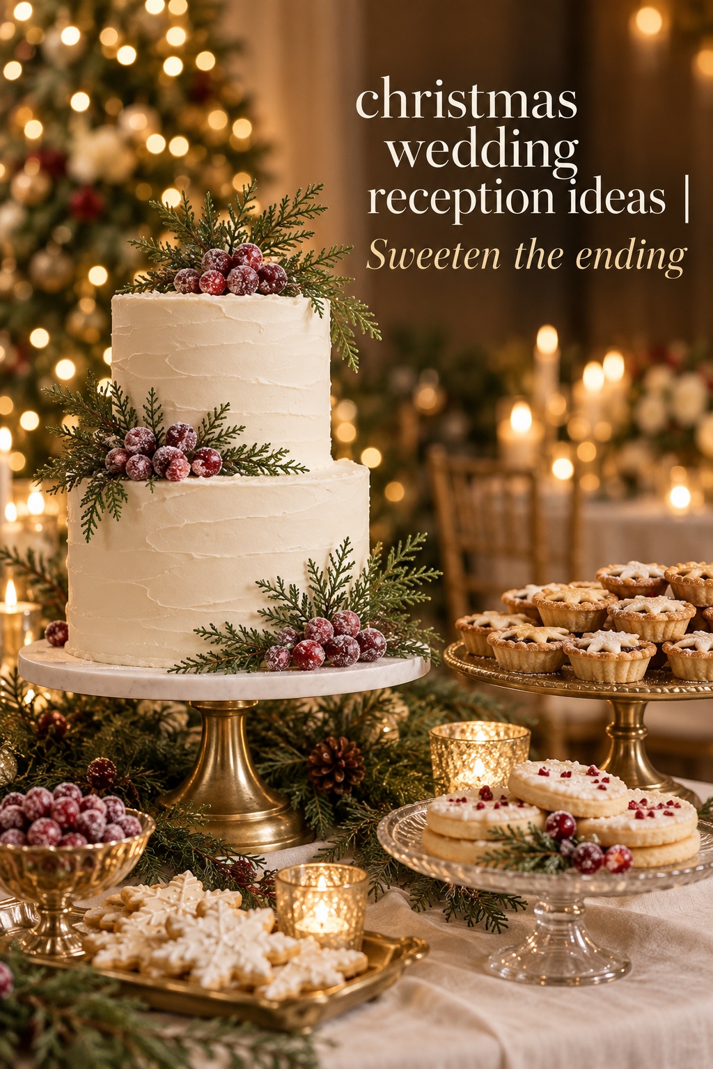 christmas wedding reception ideas with white cake sugared cranberries and evergreen