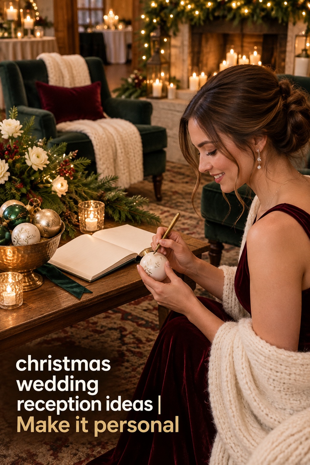 christmas wedding reception ideas with a guest writing a keepsake ornament
