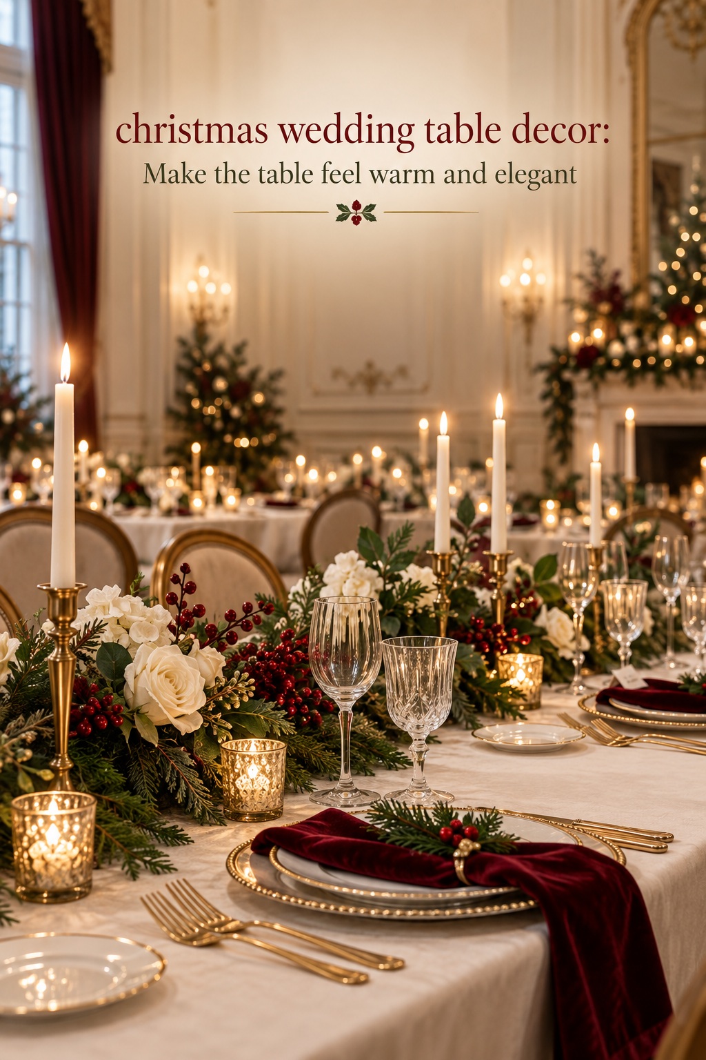 Christmas wedding table decor in a candlelit evergreen reception tablescape