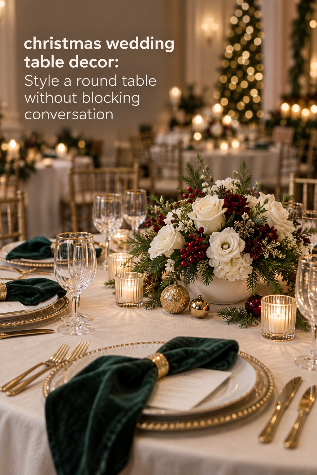 Christmas wedding table decor round table with ivory florals and evergreen napkins