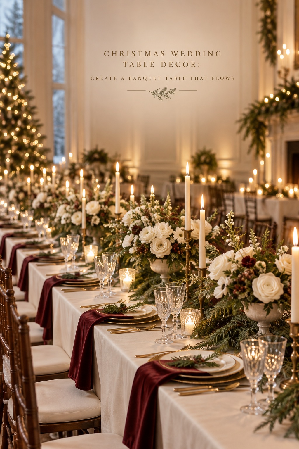 Christmas wedding table decor long banquet table with greenery and candles