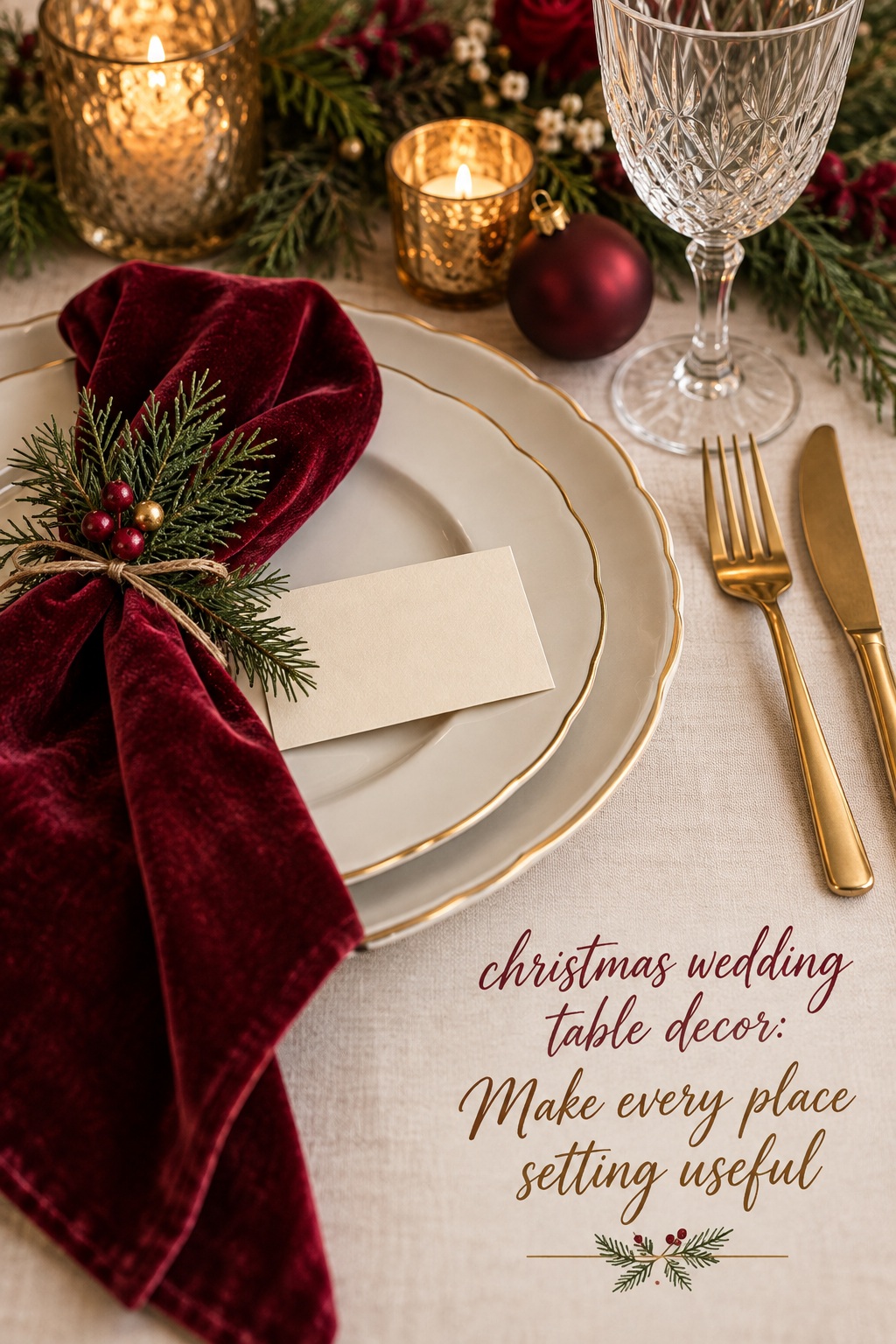 Christmas wedding table decor place setting with burgundy velvet napkin