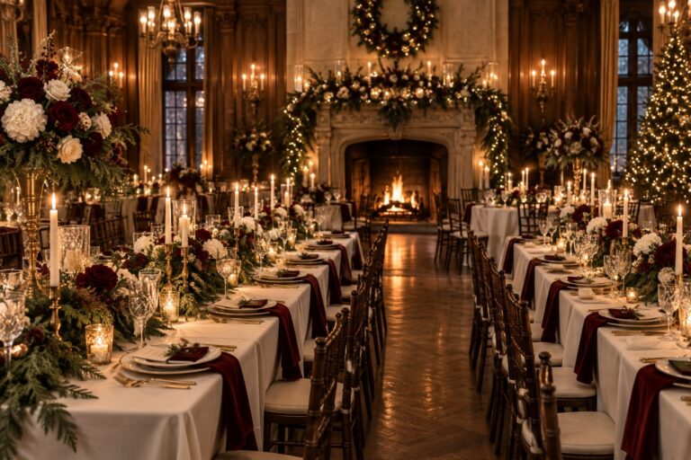 Christmas wedding table decor in an elegant candlelit reception