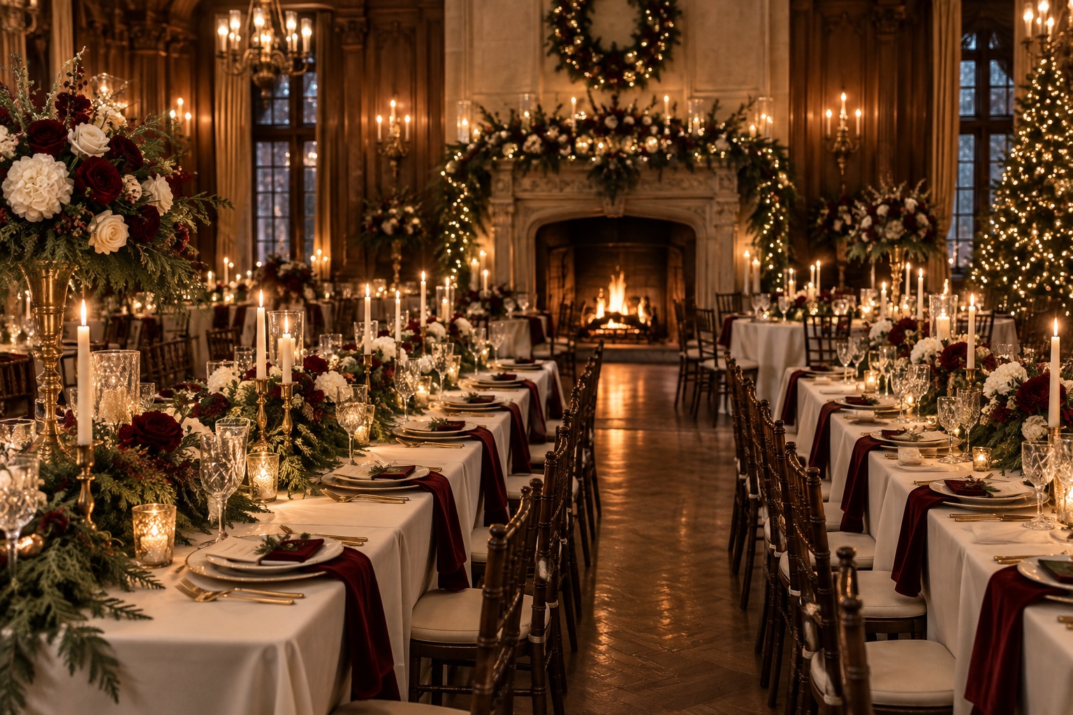 Christmas wedding table decor in an elegant candlelit reception