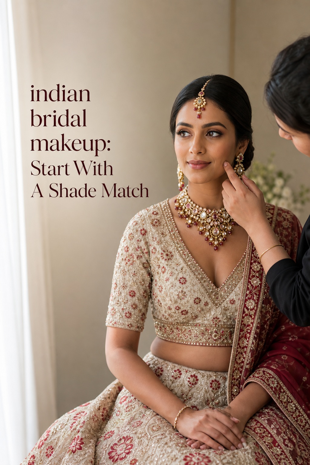 Indian bridal makeup shade match during a bridal trial by a window
