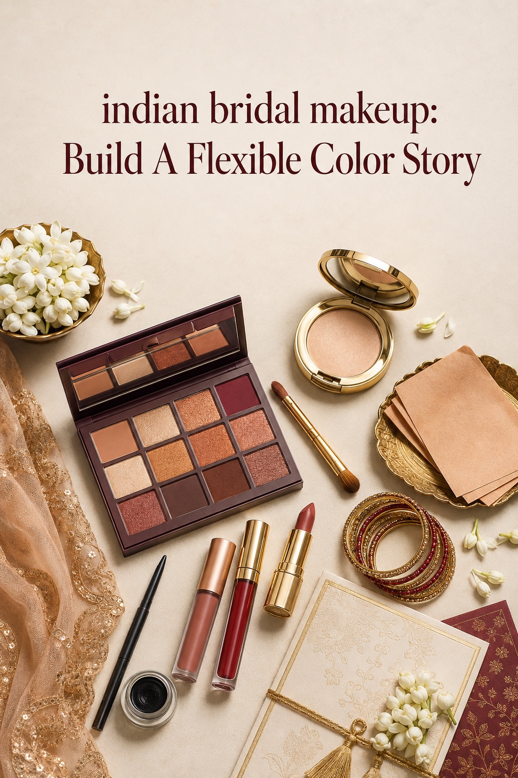 Indian bridal makeup planning kit with warm eyeshadows, kajal, lips, and bangles