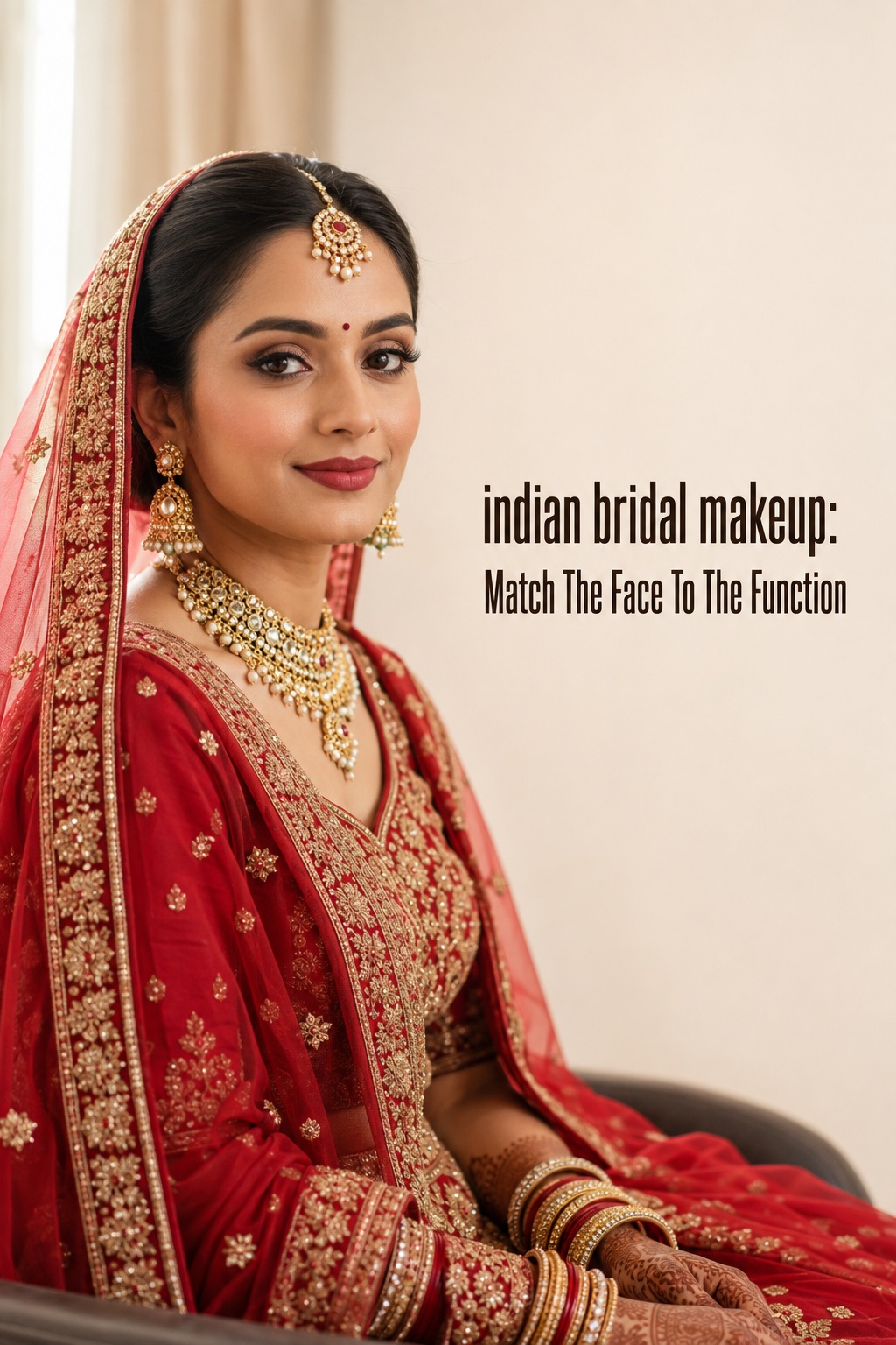 Indian bridal makeup in a red outfit with softly smudged kajal and balanced lip