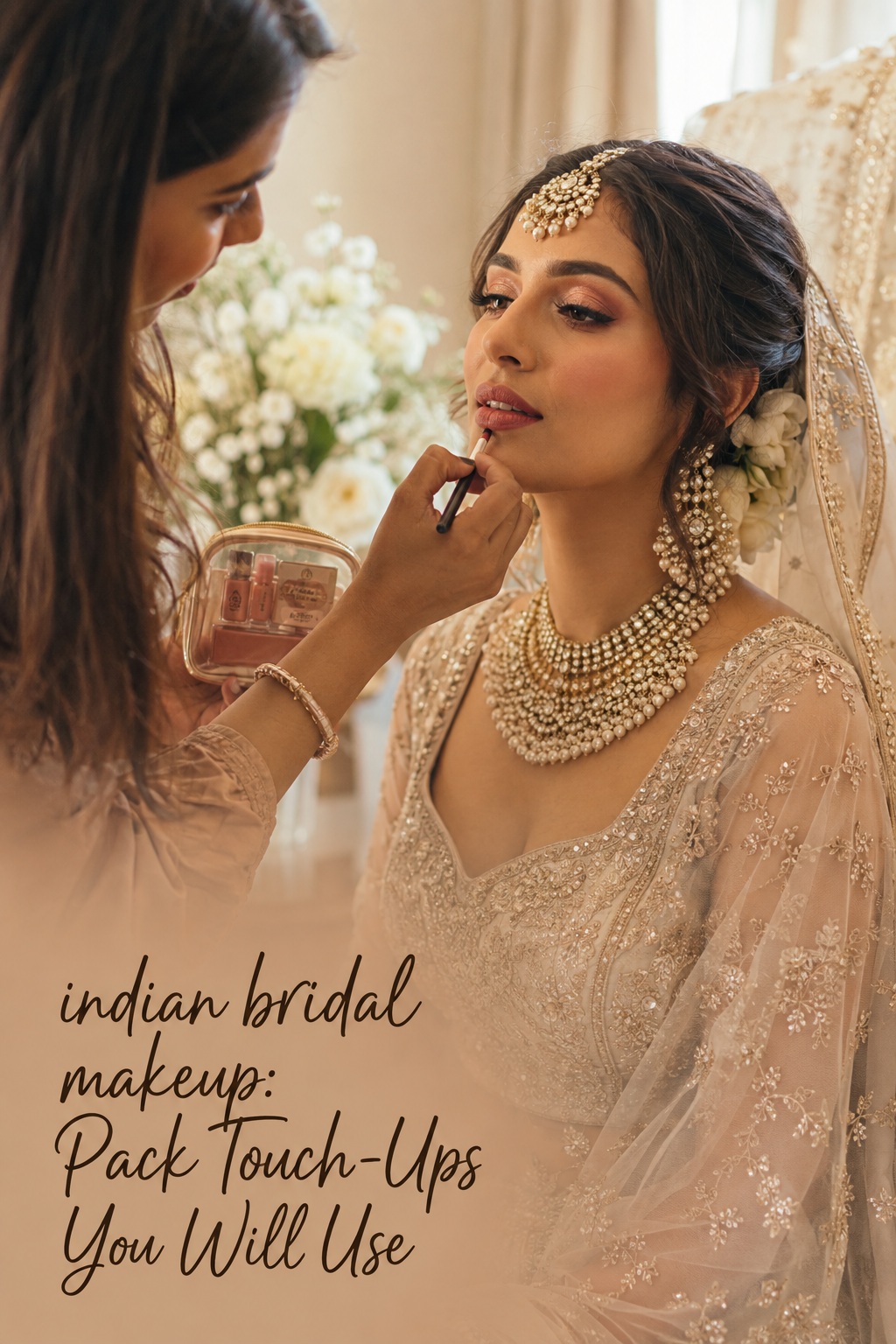 Indian bridal makeup touch-up with lip color, veil, and bridal jewelry
