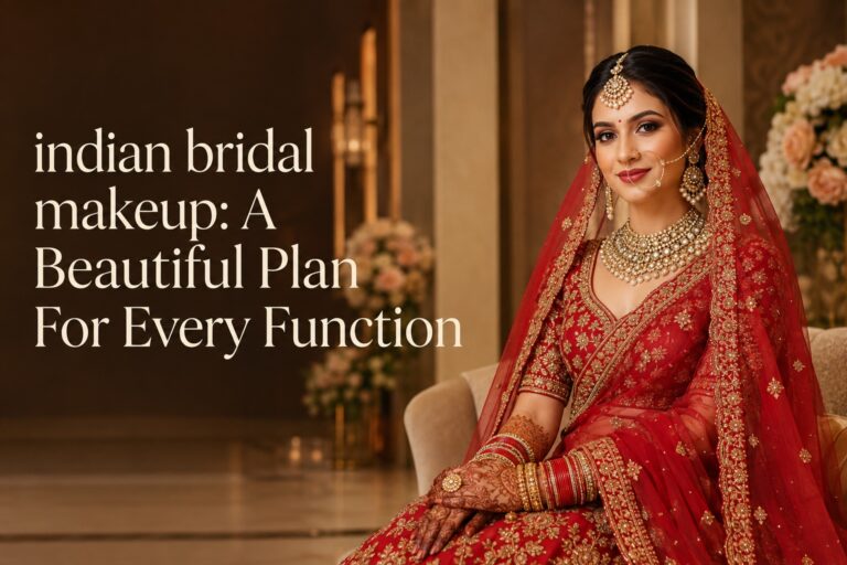 Indian bridal makeup bride in red and gold lehenga at a warm wedding venue