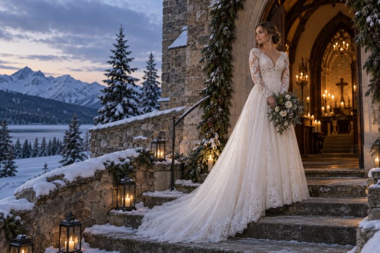Long sleeve winter wedding dress at a snowy chapel