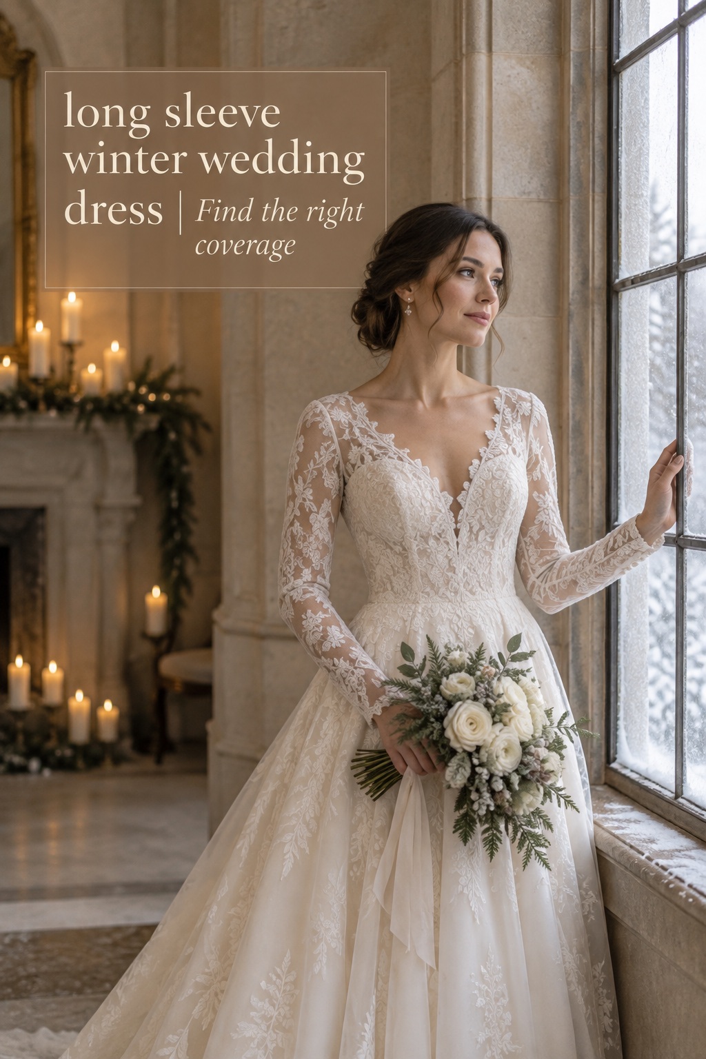 Long sleeve winter wedding dress in lace beside a frosted window