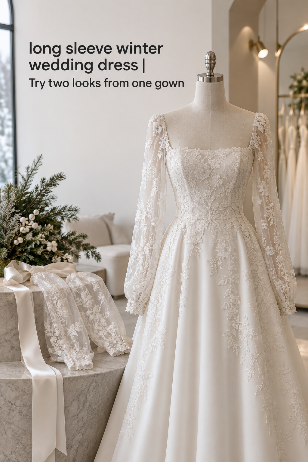 Long sleeve winter wedding dress with detachable lace sleeves