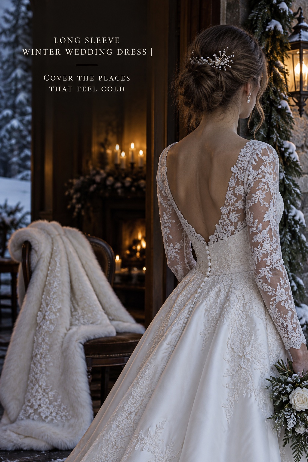 Long sleeve winter wedding dress with open back and bridal cape