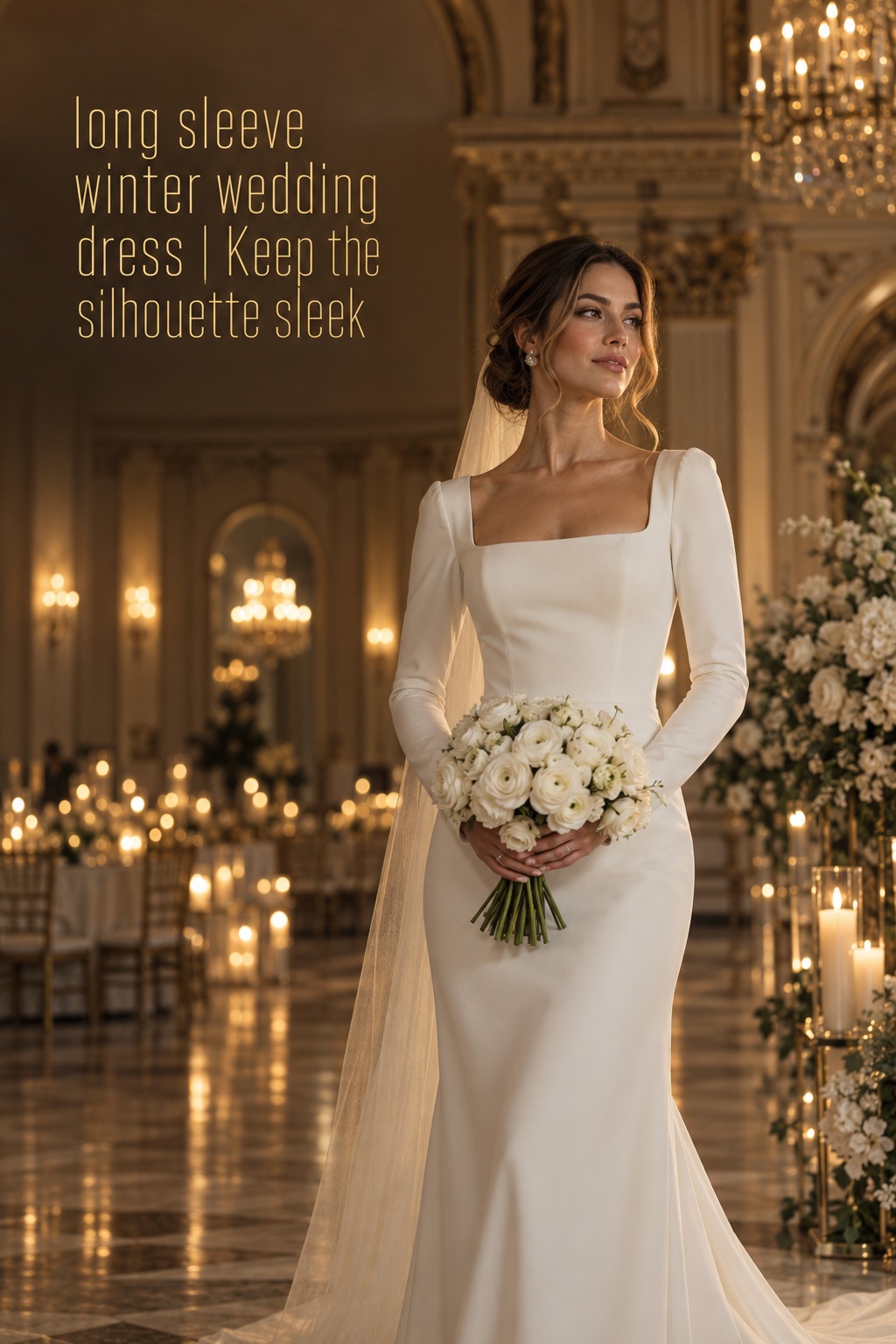 Sleek long sleeve winter wedding dress in a ballroom