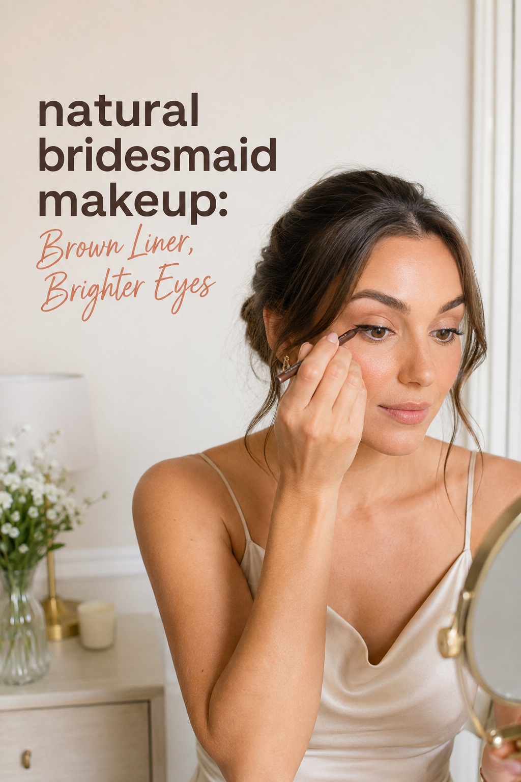 Natural bridesmaid makeup with brown liner and brighter eyes