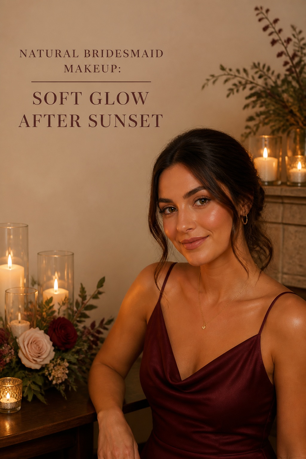 Natural bridesmaid makeup with a soft glow for evening