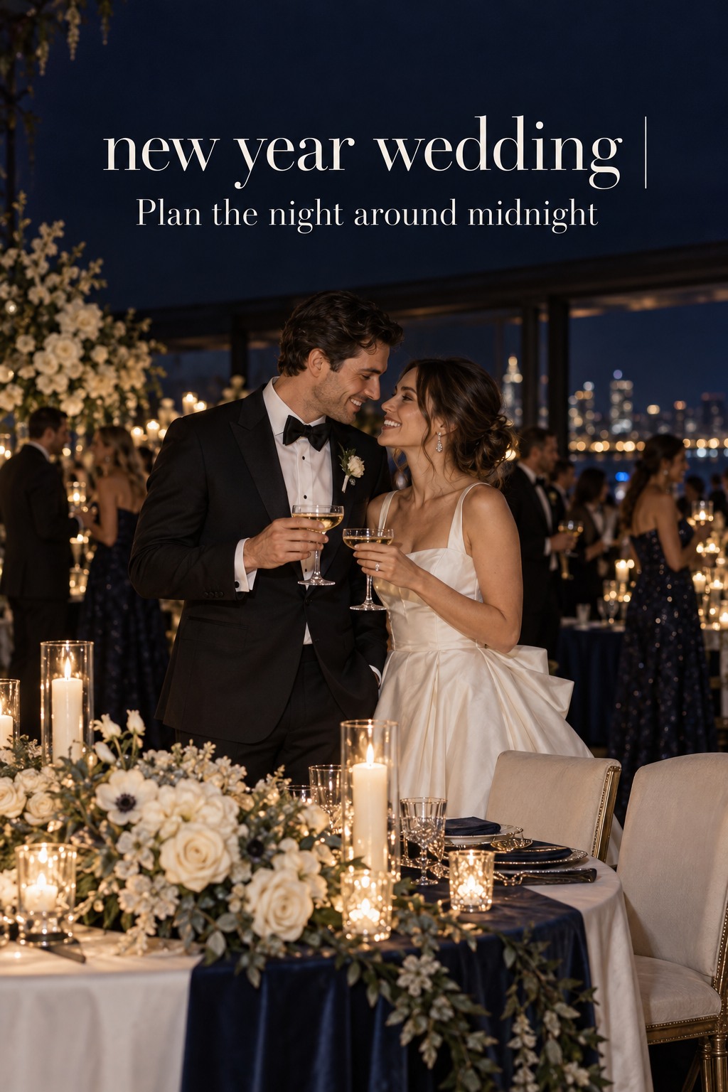 new year wedding reception with candlelit midnight-blue tables