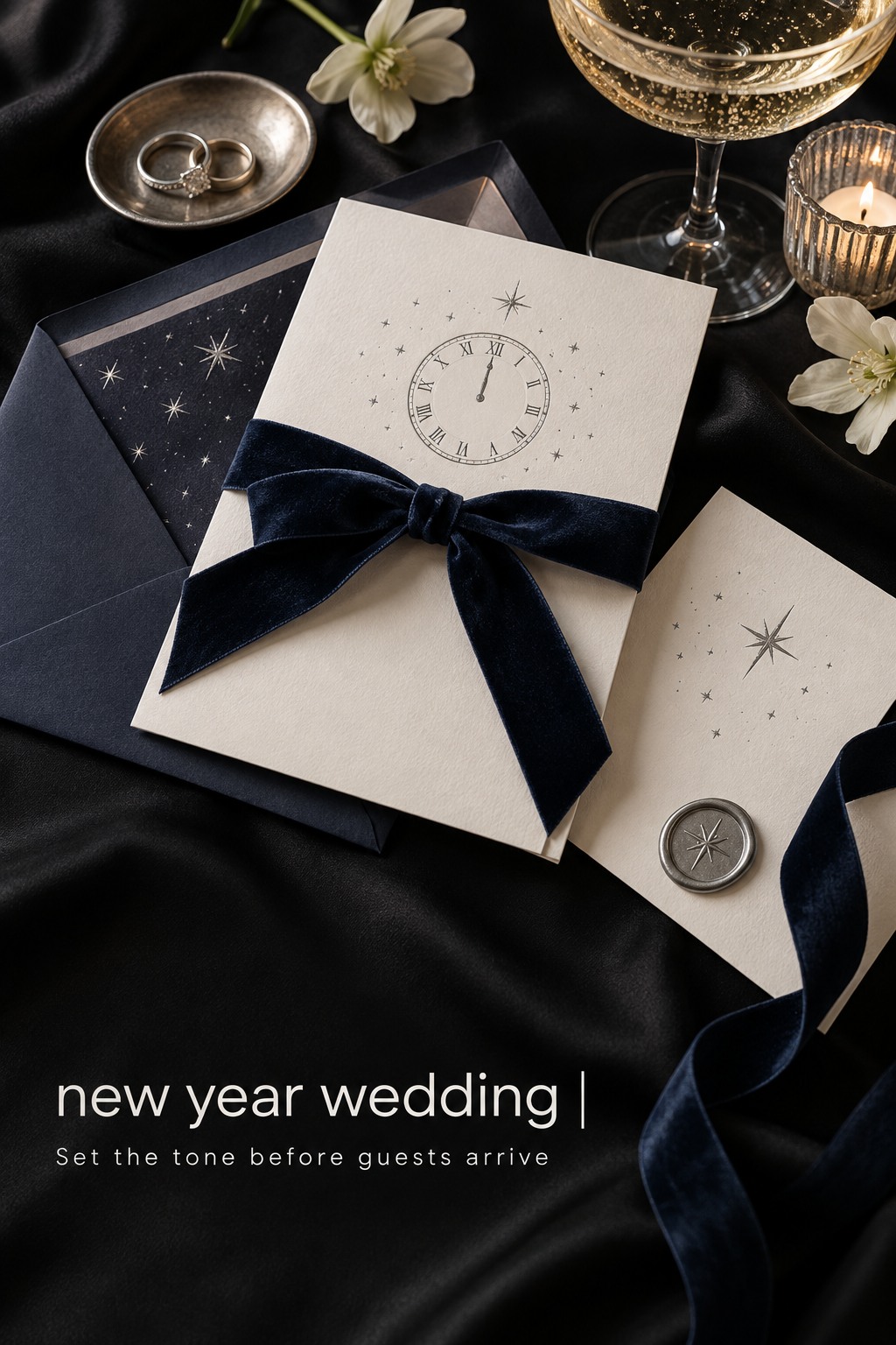new year wedding invitation suite with midnight-blue ribbon