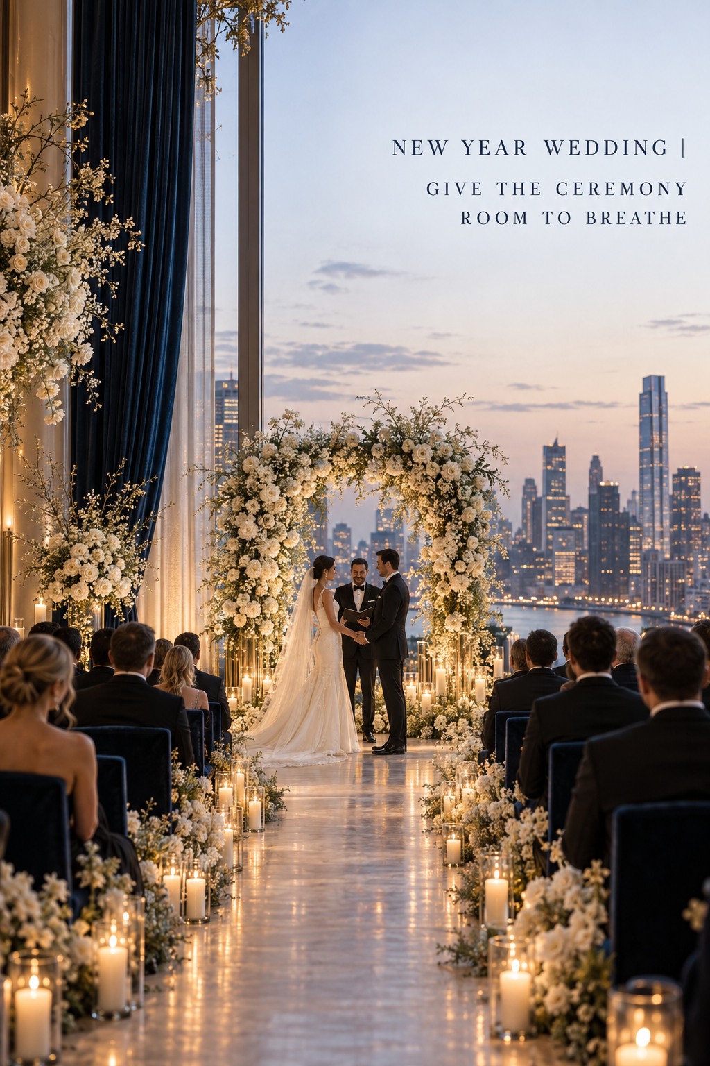 new year wedding ceremony with candlelit floral arch