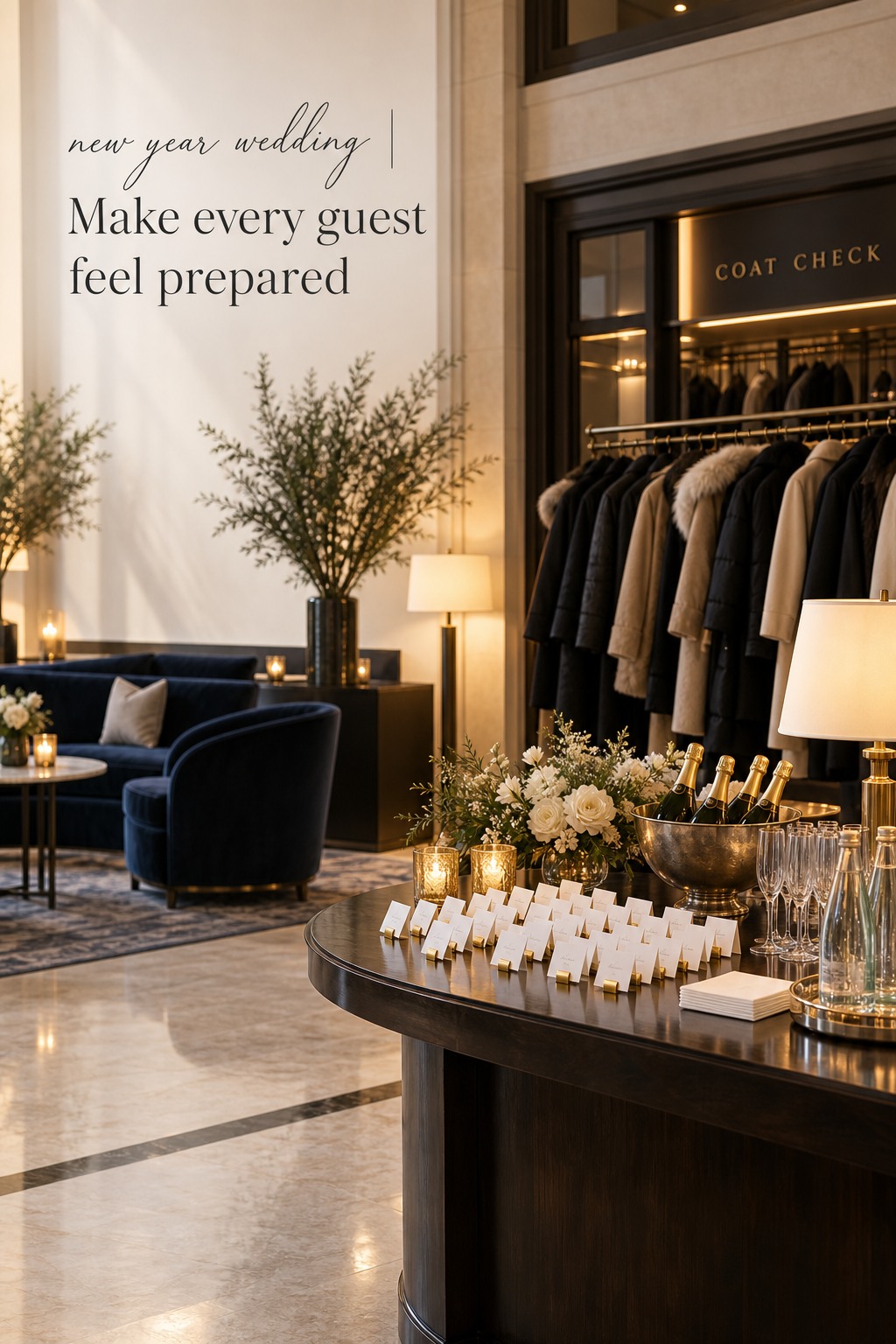 new year wedding guest welcome with coat check and lounge