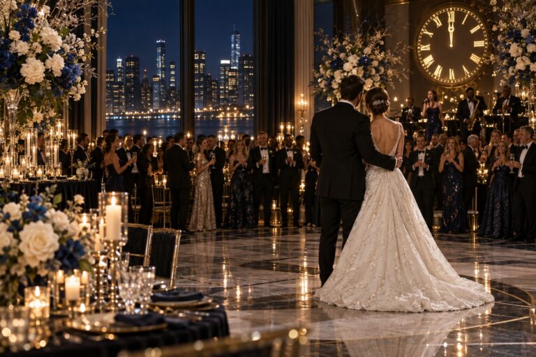 new year wedding couple dancing at midnight with candlelit guests