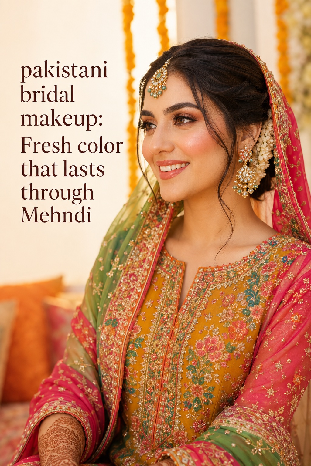 pakistani bridal makeup with fresh Mehndi color and satin glow
