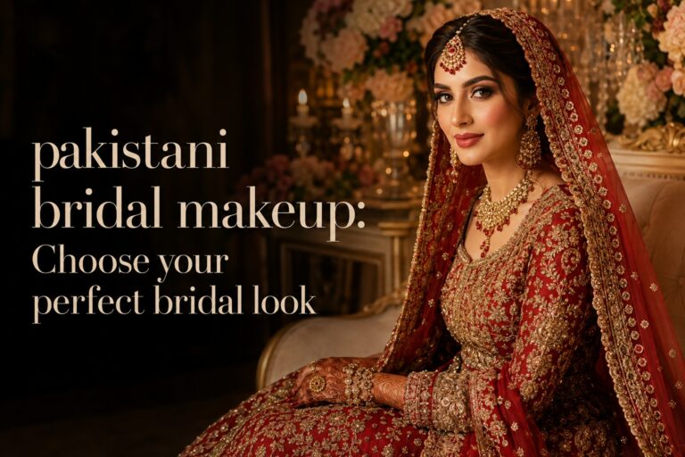 pakistani bridal makeup on a red and gold bride choosing her wedding look