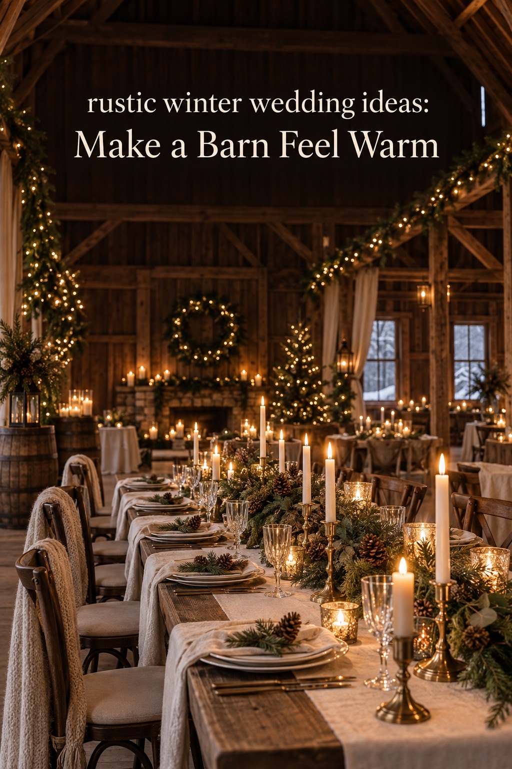 rustic winter wedding ideas in a candlelit barn reception