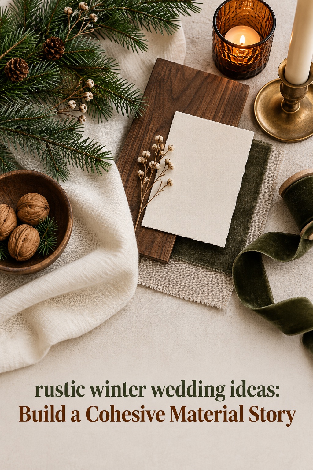 rustic winter wedding ideas material palette with wood and velvet