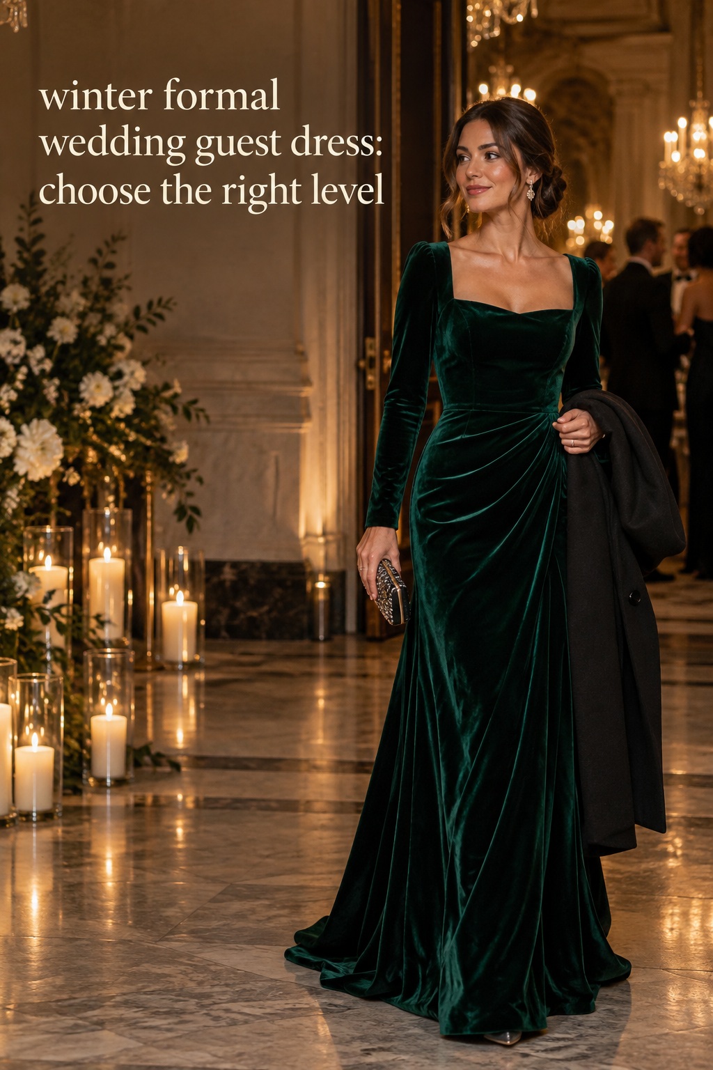 winter formal wedding guest dress emerald velvet gown