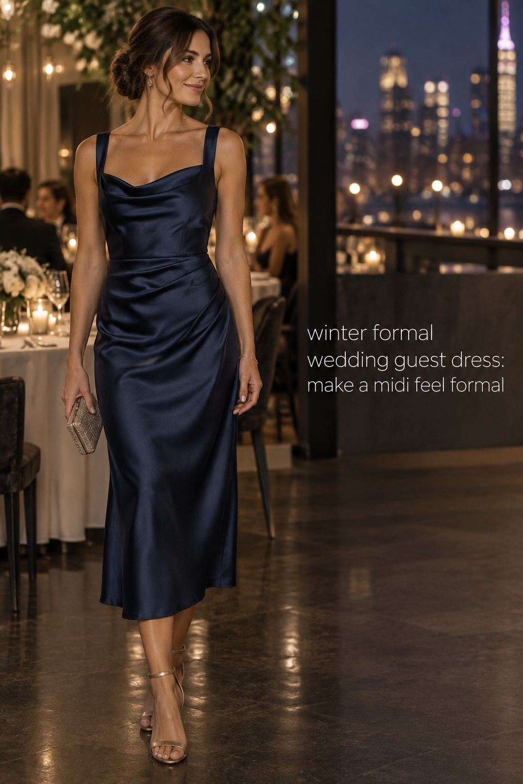 winter formal wedding guest dress midnight satin midi