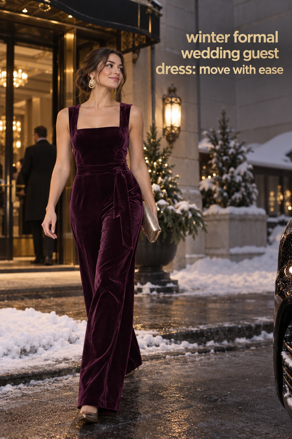 winter formal wedding guest dress plum velvet jumpsuit