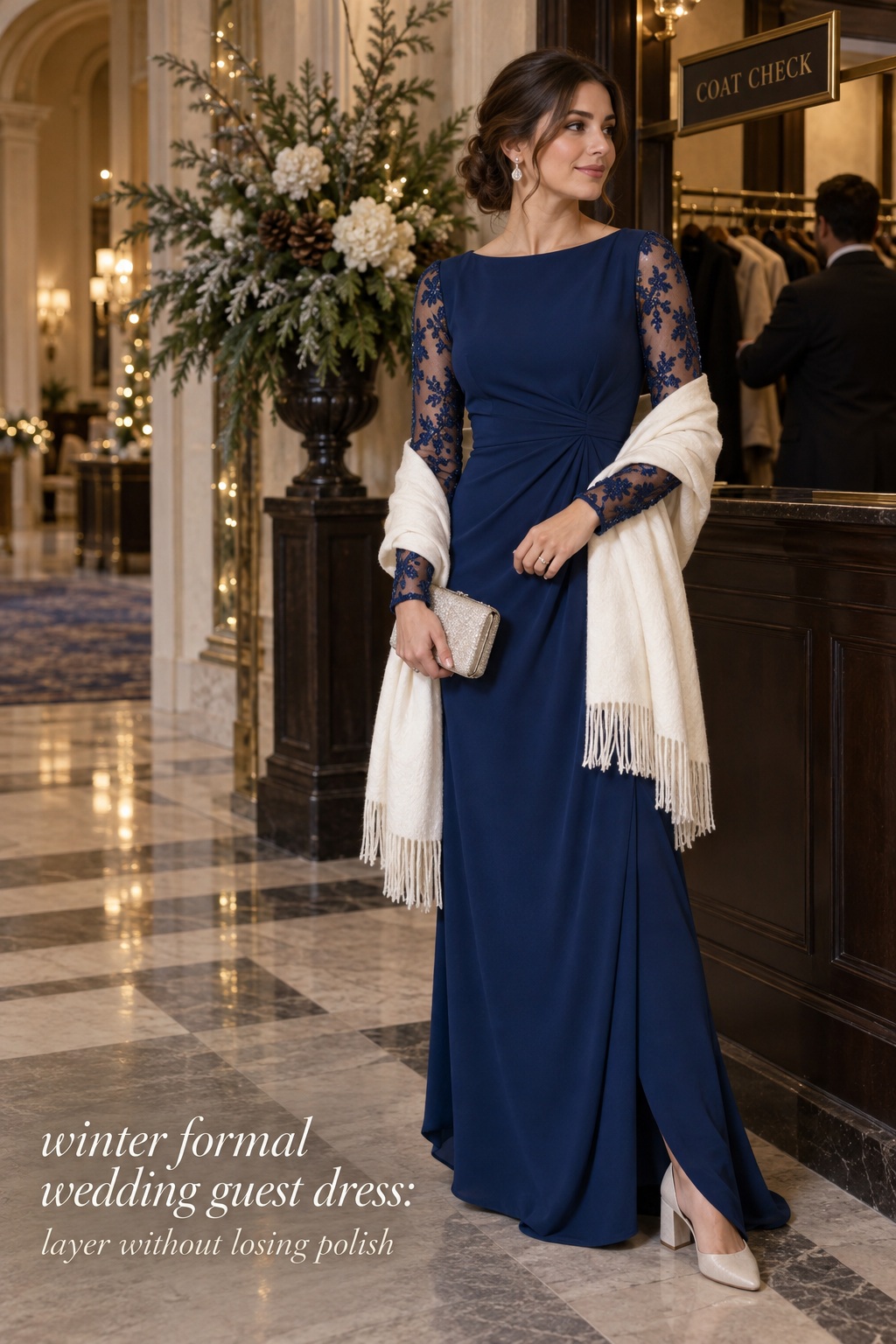winter formal wedding guest dress sapphire lace sleeves