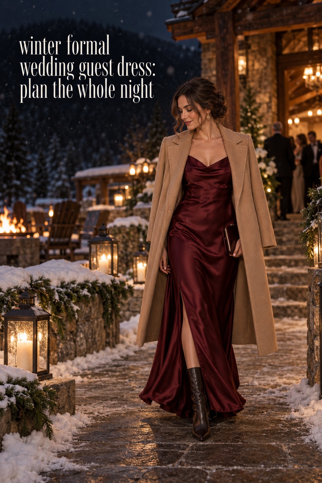 winter formal wedding guest dress burgundy satin coat boots