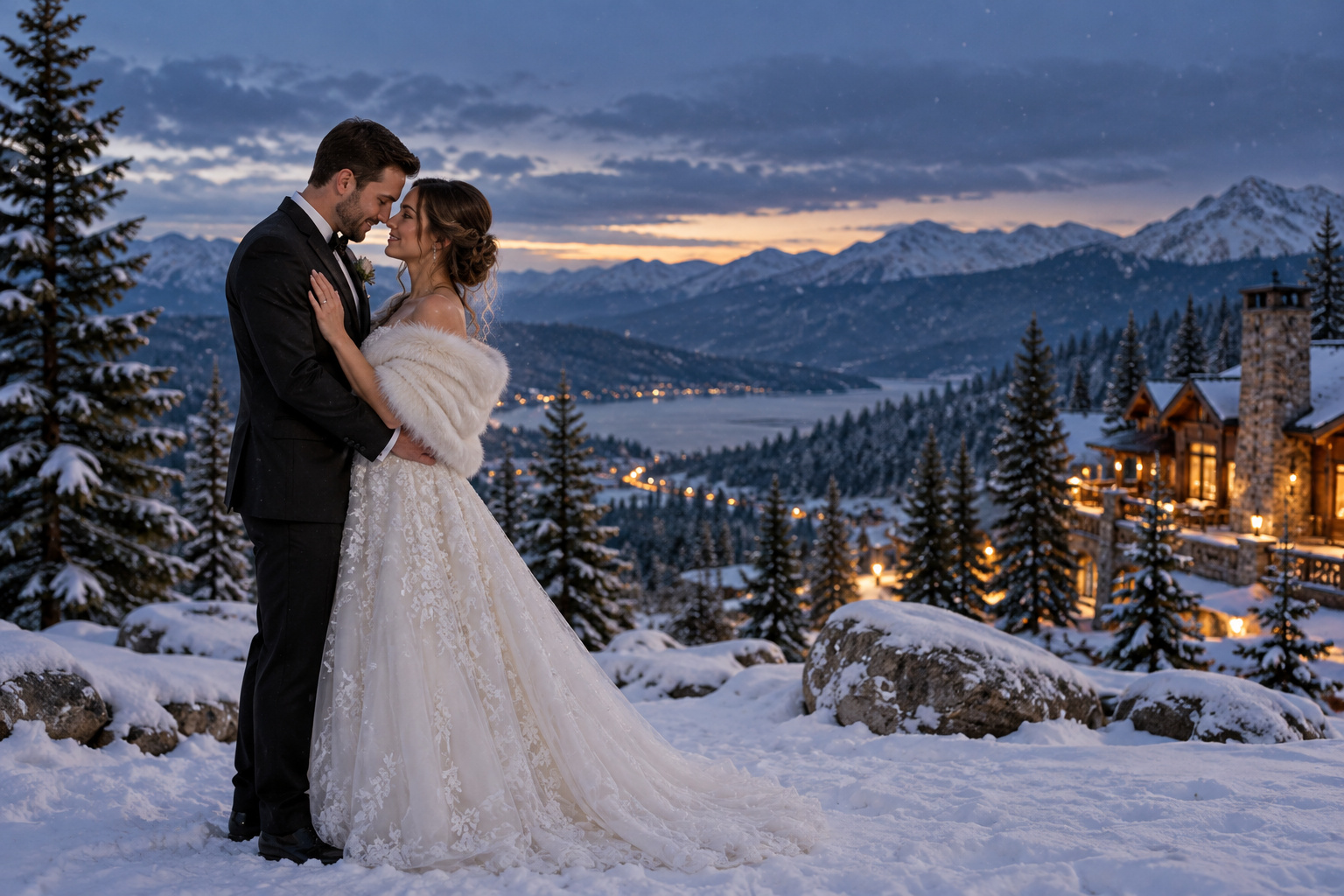 snowy wedding couple embracing at blue hour above a mountain lodge