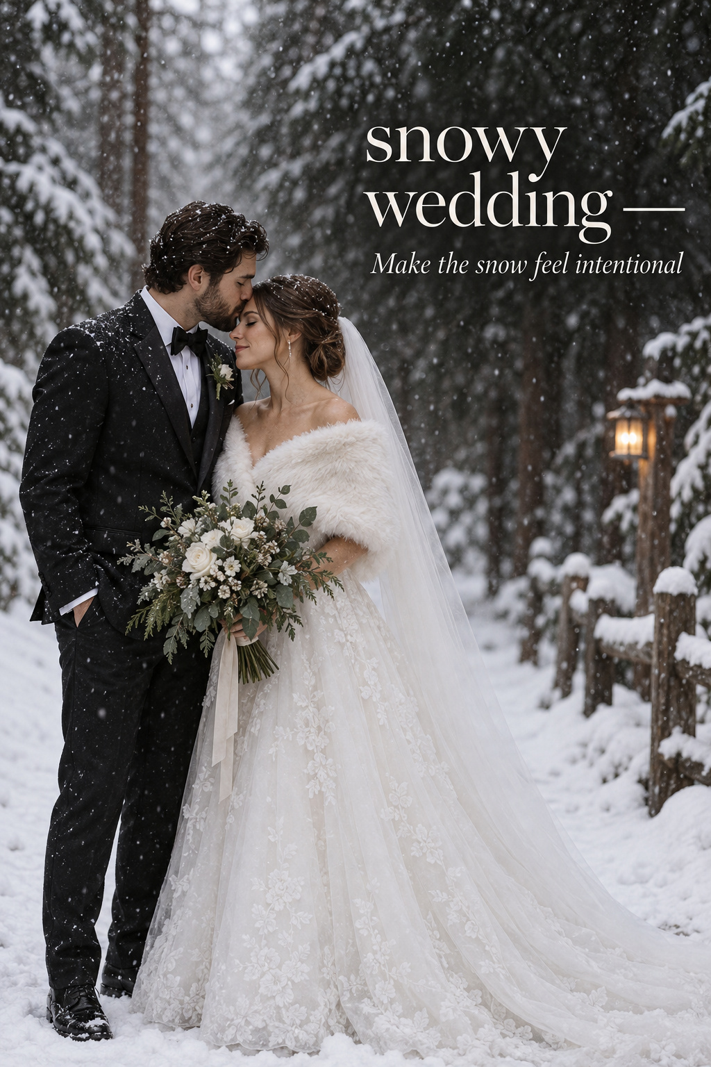 snowy wedding couple walking through a snowy evergreen forest