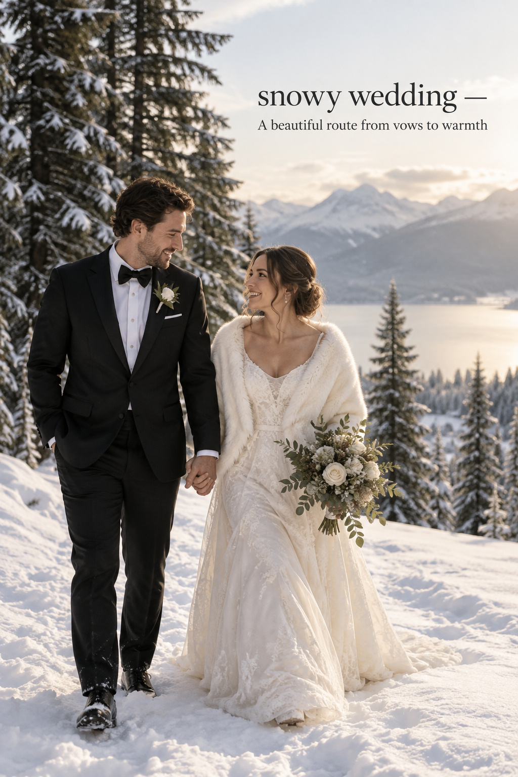 snowy wedding ceremony with evergreen arch and mountain view