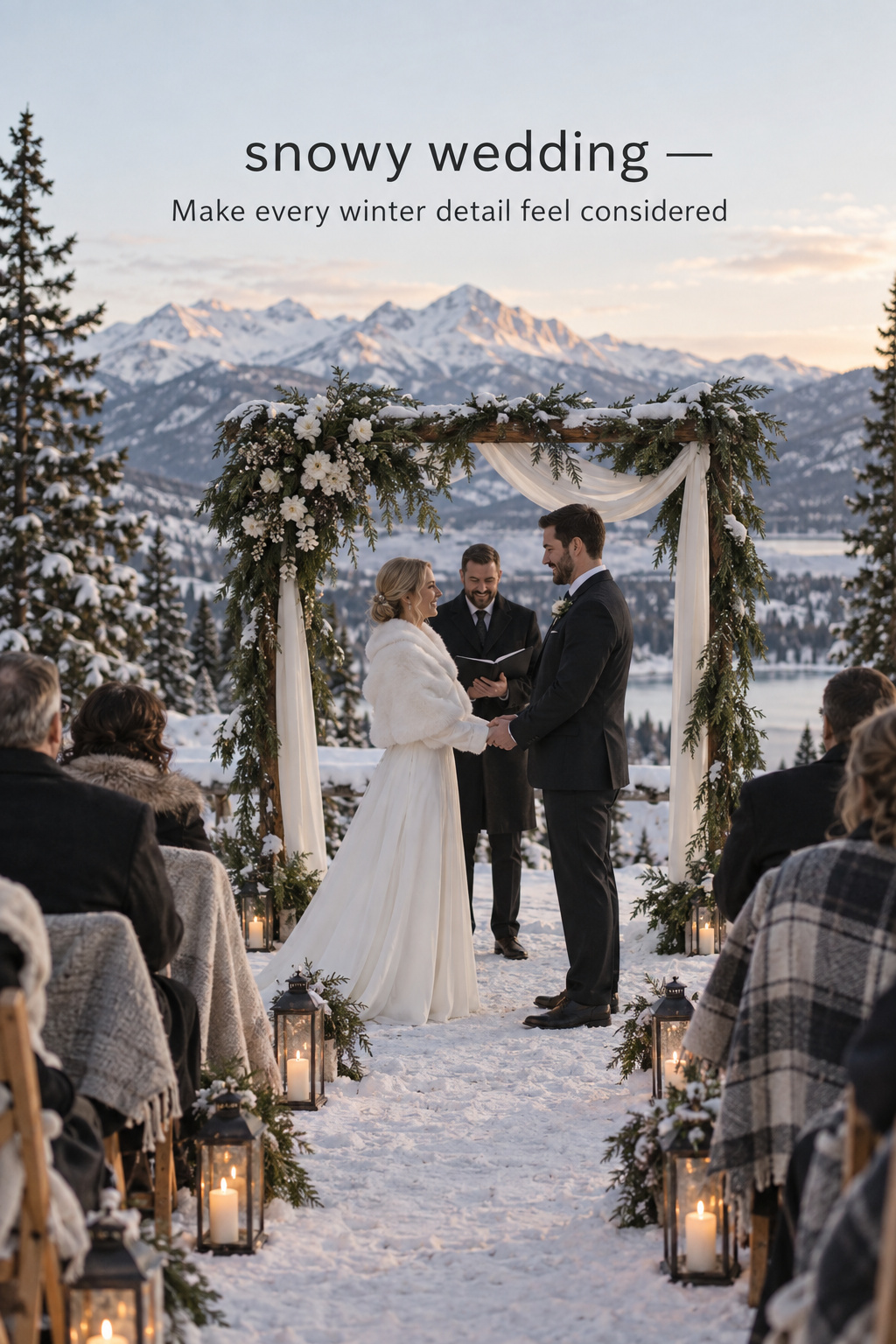 snowy wedding bride in wool cape with winter bouquet