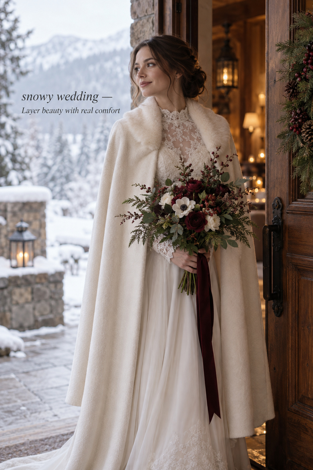 snowy wedding reception with hot cocoa station and candlelight
