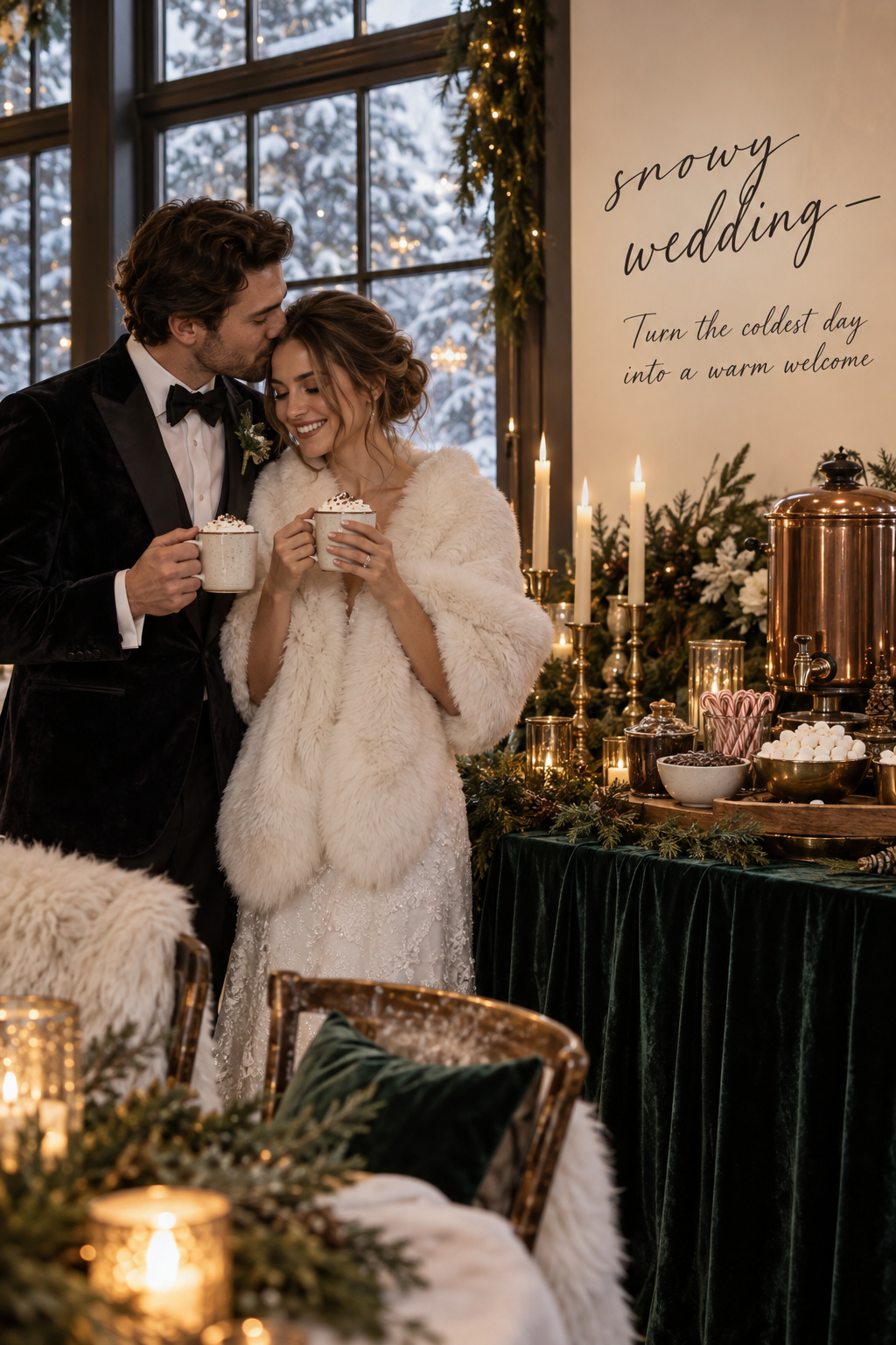 snowy wedding couple portrait at blue hour in mountain snow