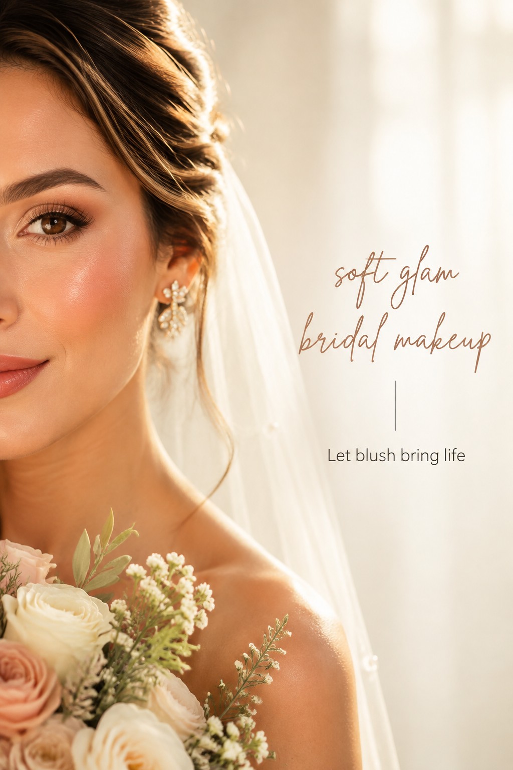 soft glam bridal makeup with softly blended rosy blush and bridal veil