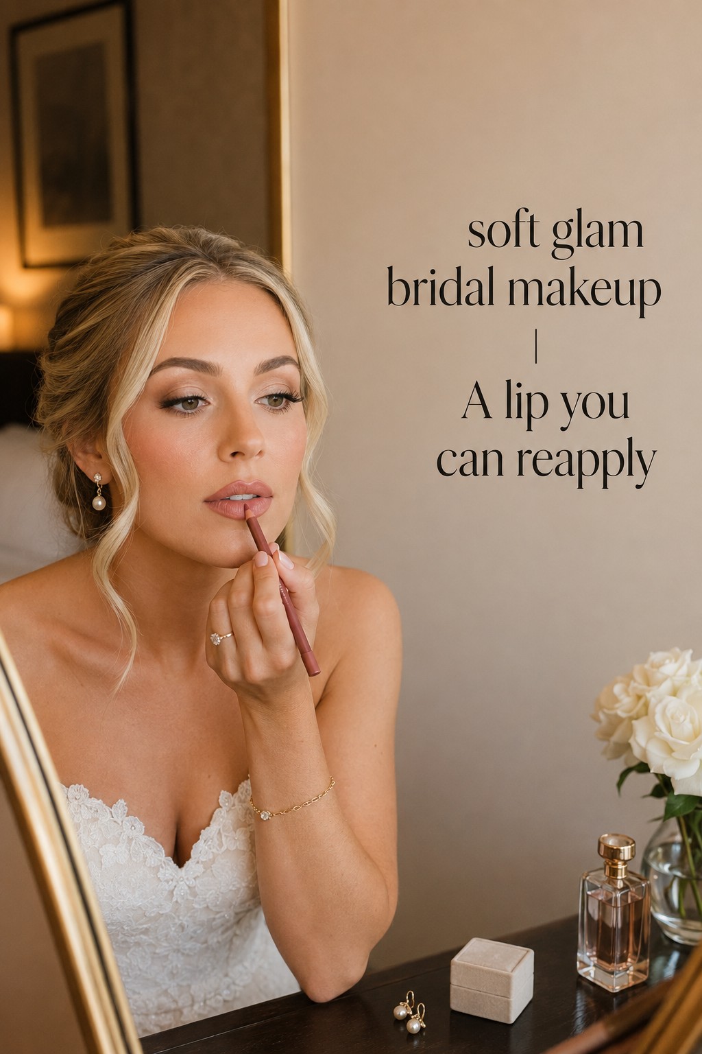 soft glam bridal makeup with rosy nude lip liner and wedding jewelry