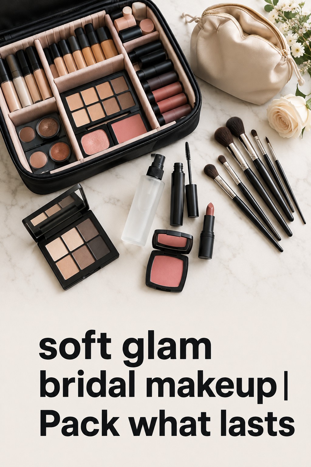 soft glam bridal makeup kit with neutral palette and touch-up pouch