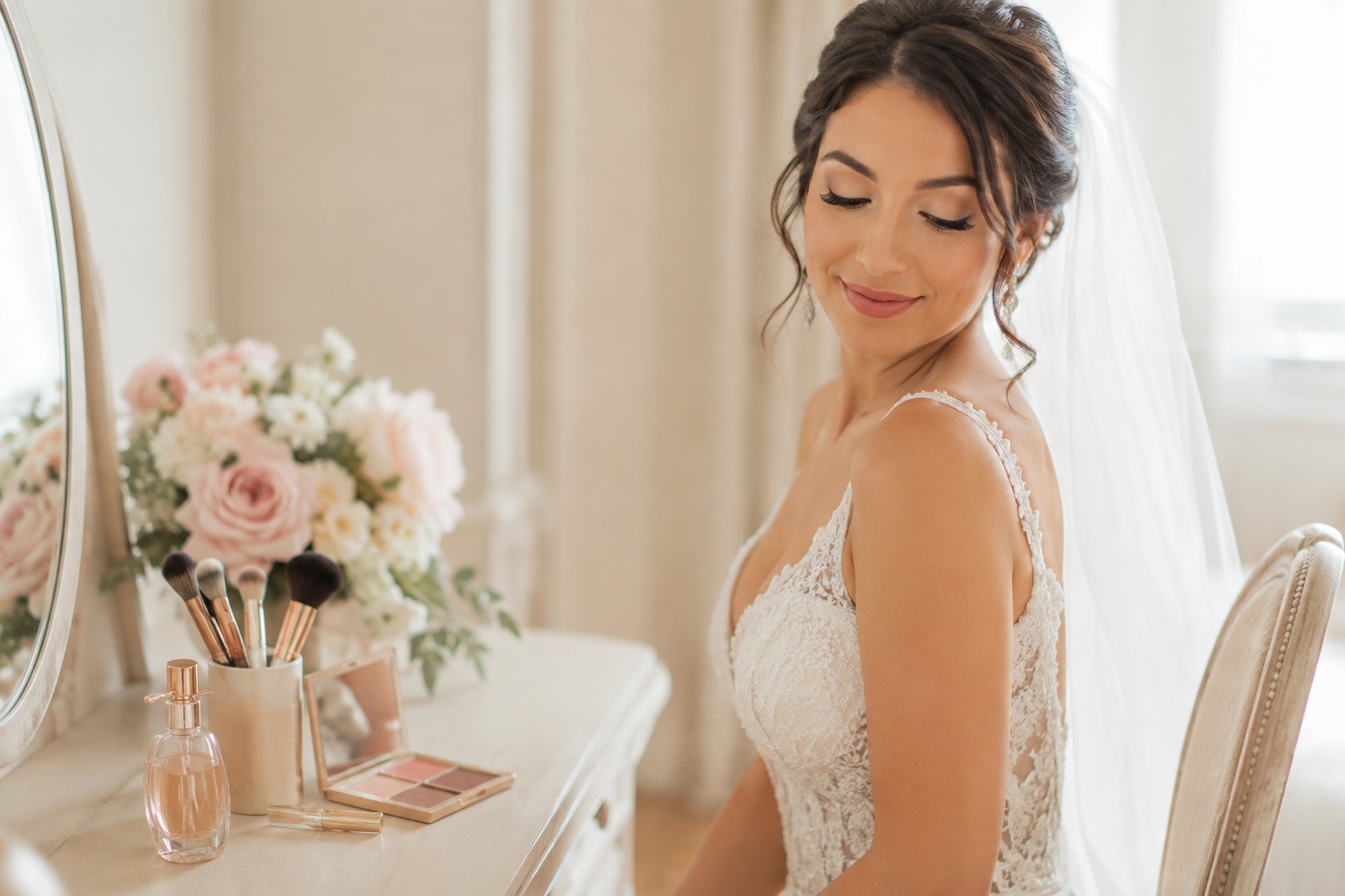 Bridal makeup looks guide with bride, vanity, flowers, and makeup brushes