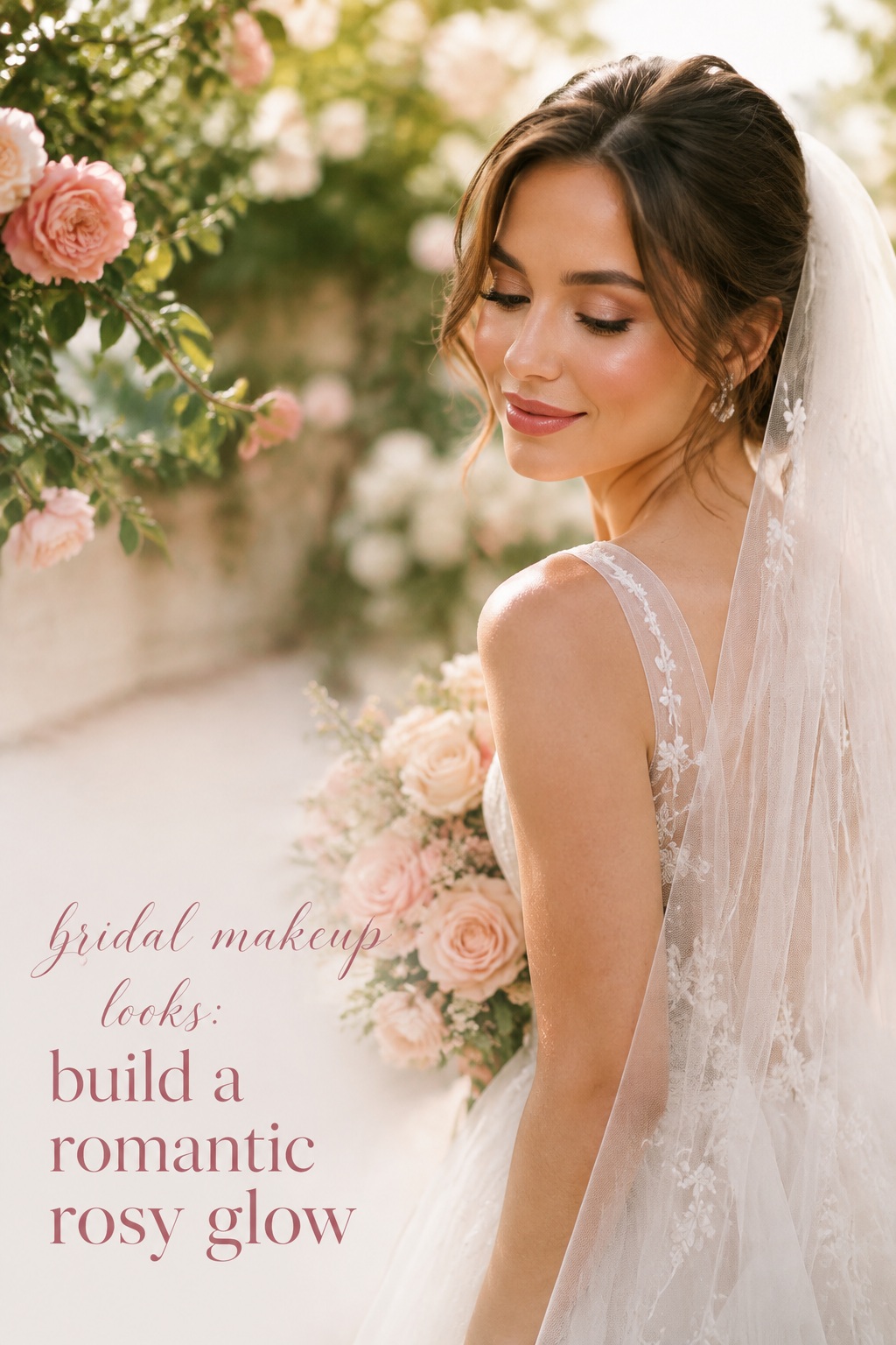Bridal makeup looks with romantic rosy blush and garden wedding glow