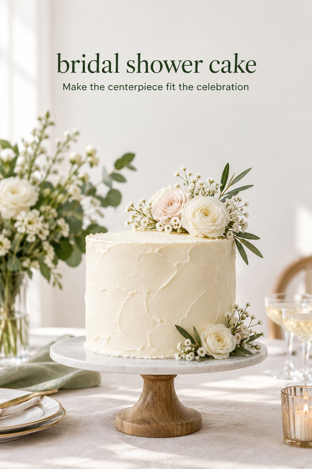 bridal shower cake as an ivory flower cake centerpiece on a small table