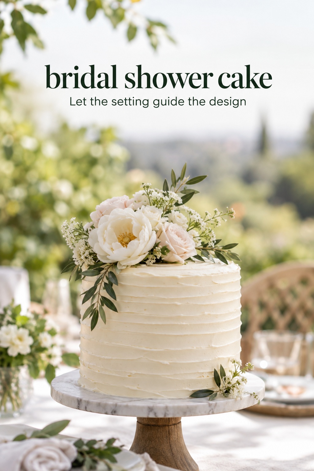 bridal shower cake with pale flowers styled for a garden brunch