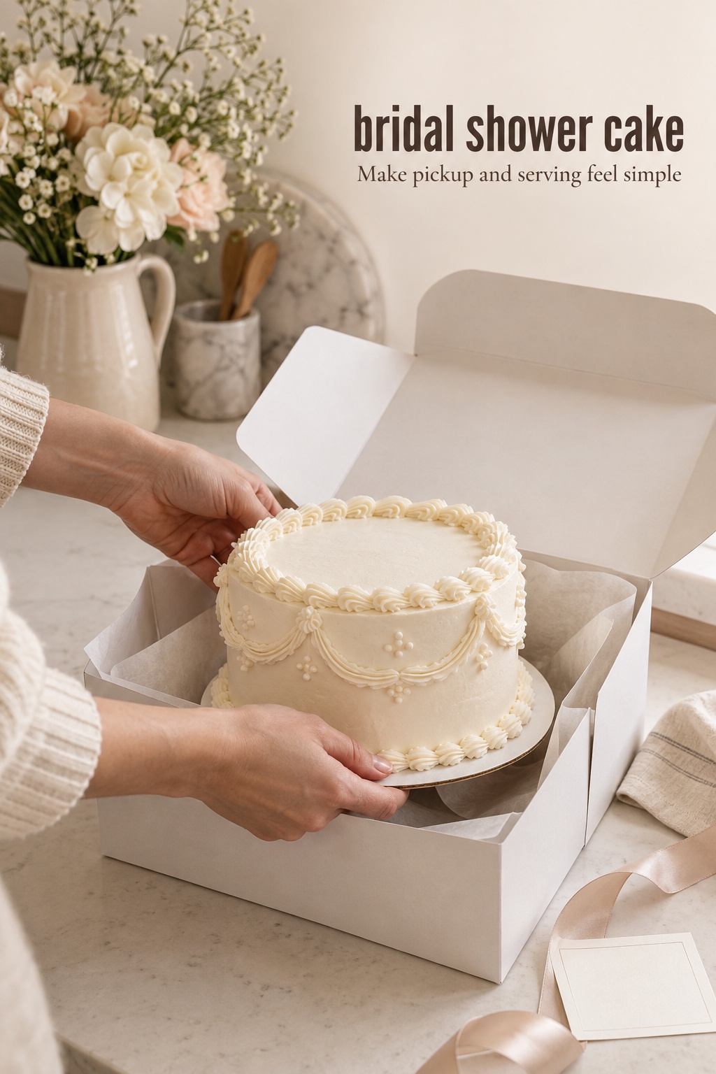 bridal shower cake packed in a bakery box for simple pickup
