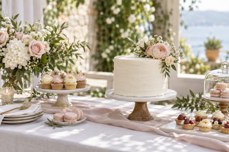ivory bridal shower cake with flowers and small desserts on a bright table